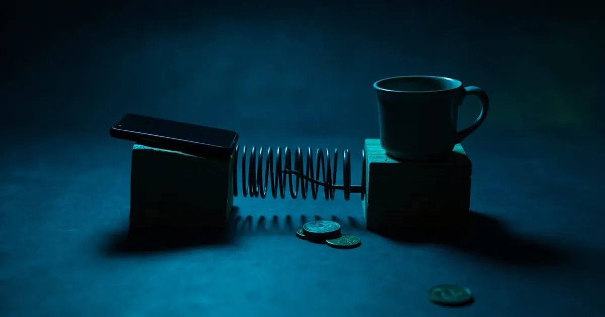A metal spring stretched between a used smartphone and a vintage ceramic cup, with a few zloty coins scattered between them