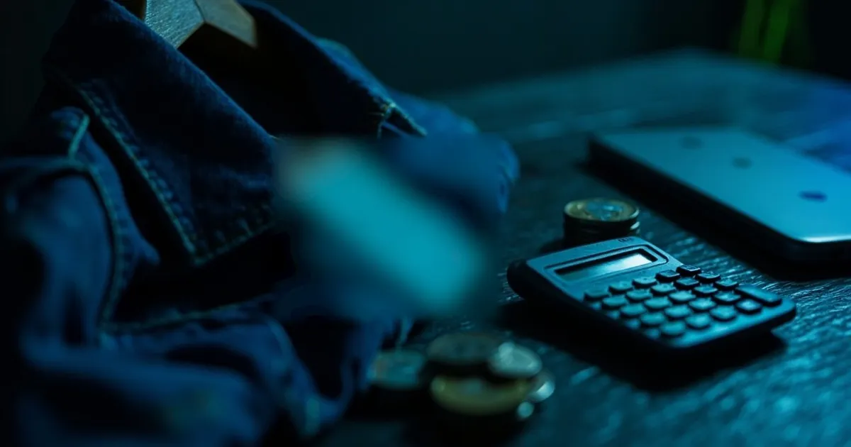 Price tag on a denim jacket hanger with a pocket calculator and złoty coins on dark wood