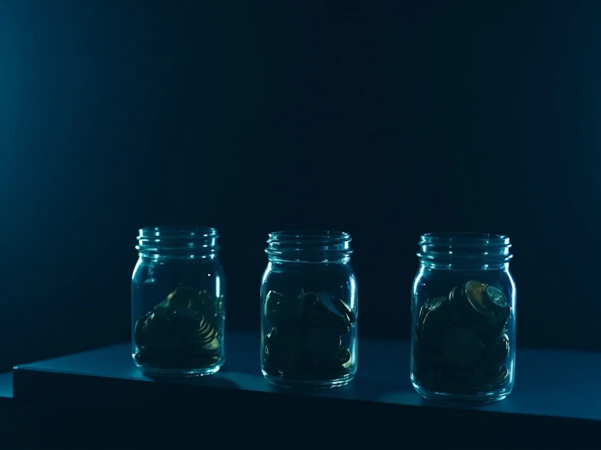 Three glass jars with different amounts of coins inside