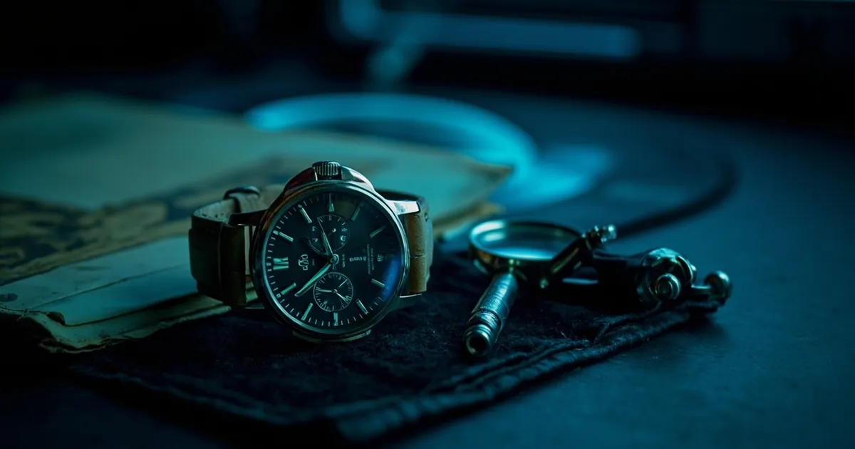 A vintage mechanical watch and a record sleeve examined with a jeweller's loupe on an appraiser's desk