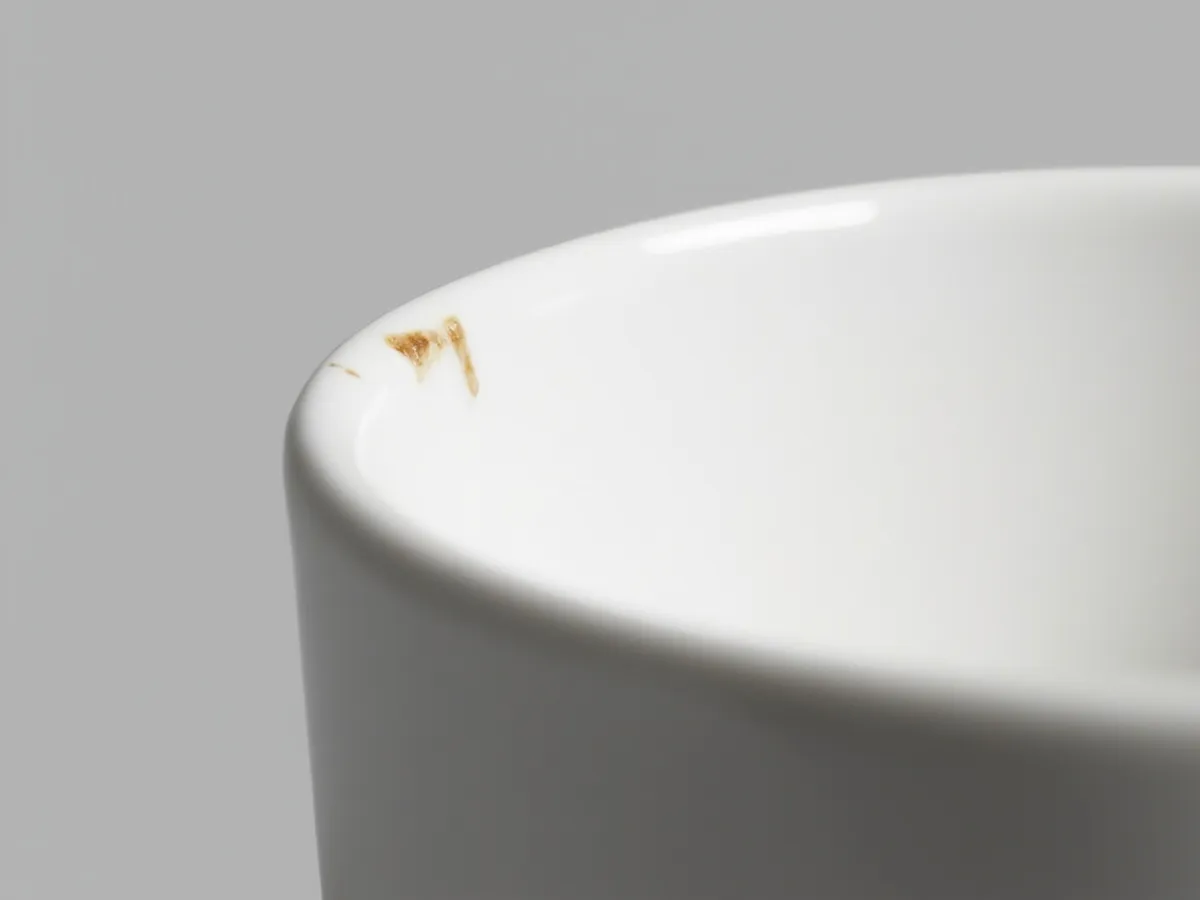 Close-up of a small chip on the rim of a white porcelain cup