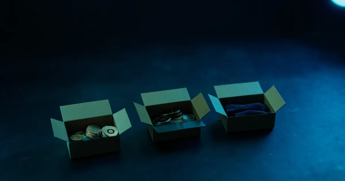 Three boxes with different amounts of coins and folded clothing