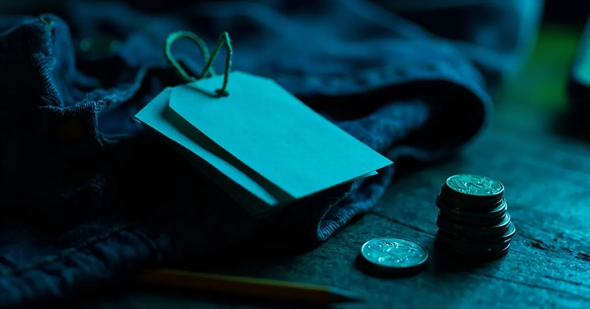 Blank paper swing tags on string attached to a folded denim jacket, with a few zloty coins stacked beside them