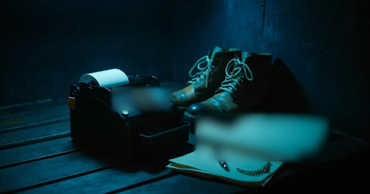 Cash register with paper roll beside used leather boots and a notepad on a dark wooden counter