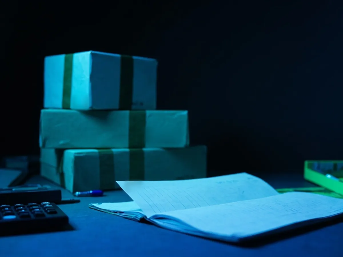 Stack of parcels next to a sales ledger and calculator