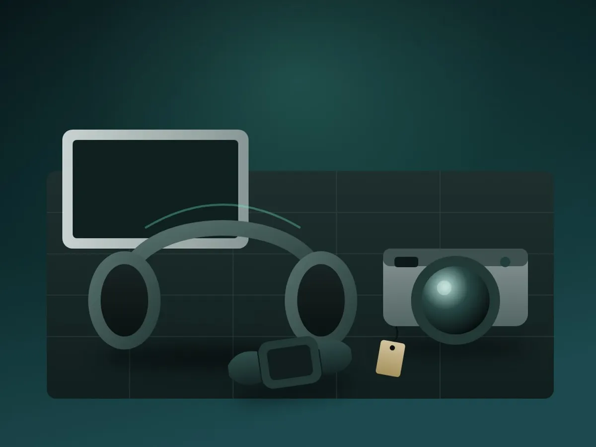 Over-ear headphones, a compact camera, a tablet and a smartwatch on an anti-static mat