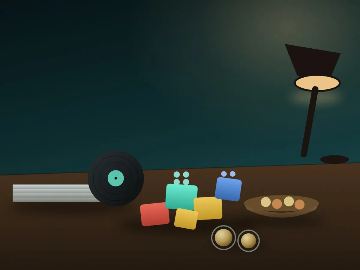A pile of building bricks, a stack of records, coins in capsules and board game pieces on a table