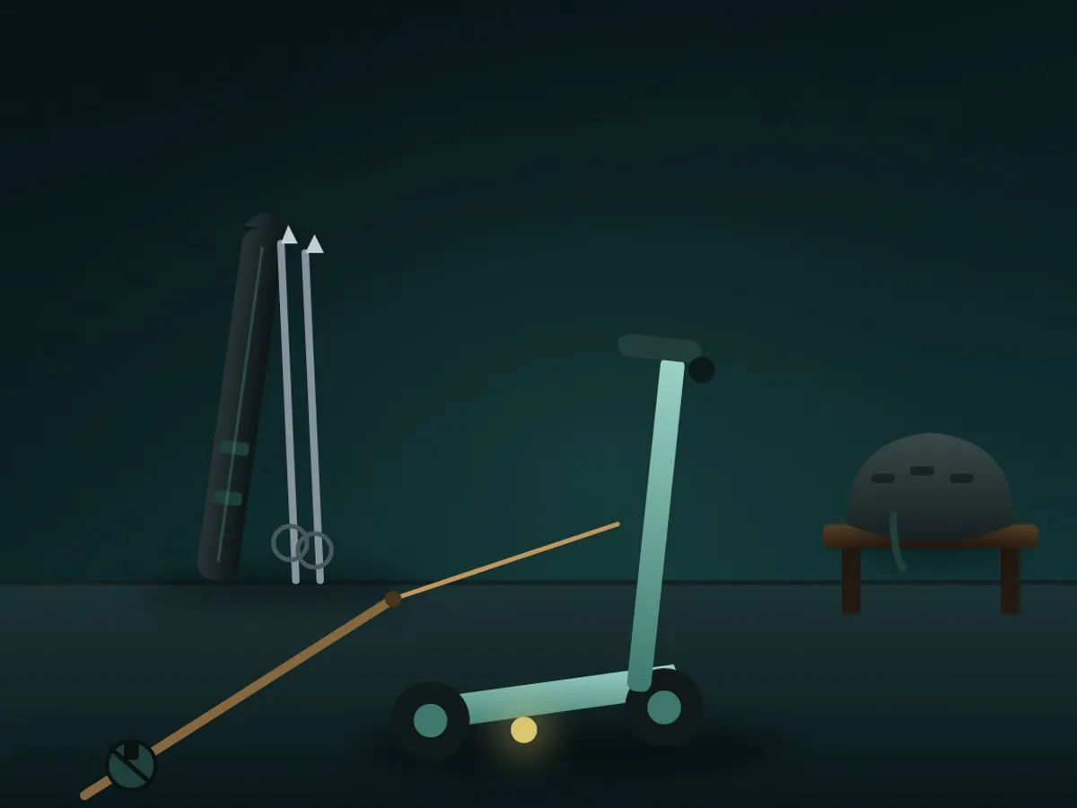A folded electric scooter, skis, a bike helmet and a fishing rod in a garage