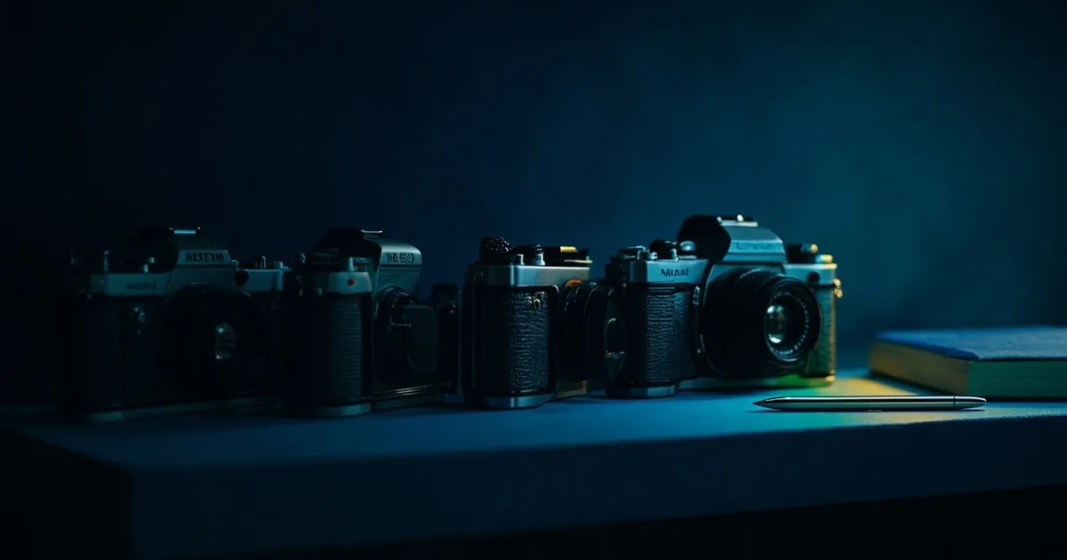 Three identical retro film cameras on a shelf, the first one spotlit