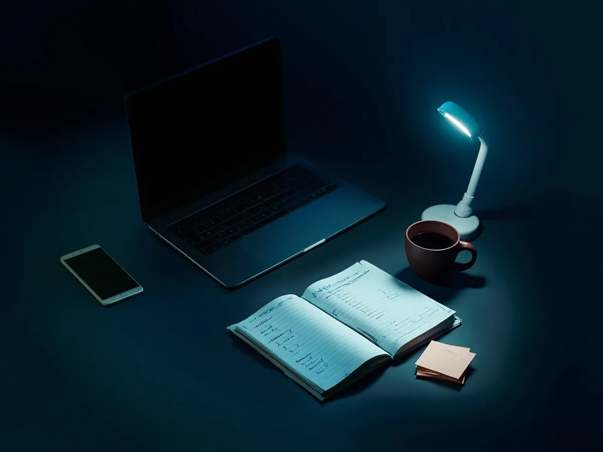 Laptop with dark screen, notebook with grid, coffee cup and sticky notes on a desk