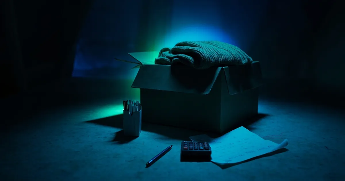 Cardboard box of clothes from a loft beside receipts and a calculator on a desk
