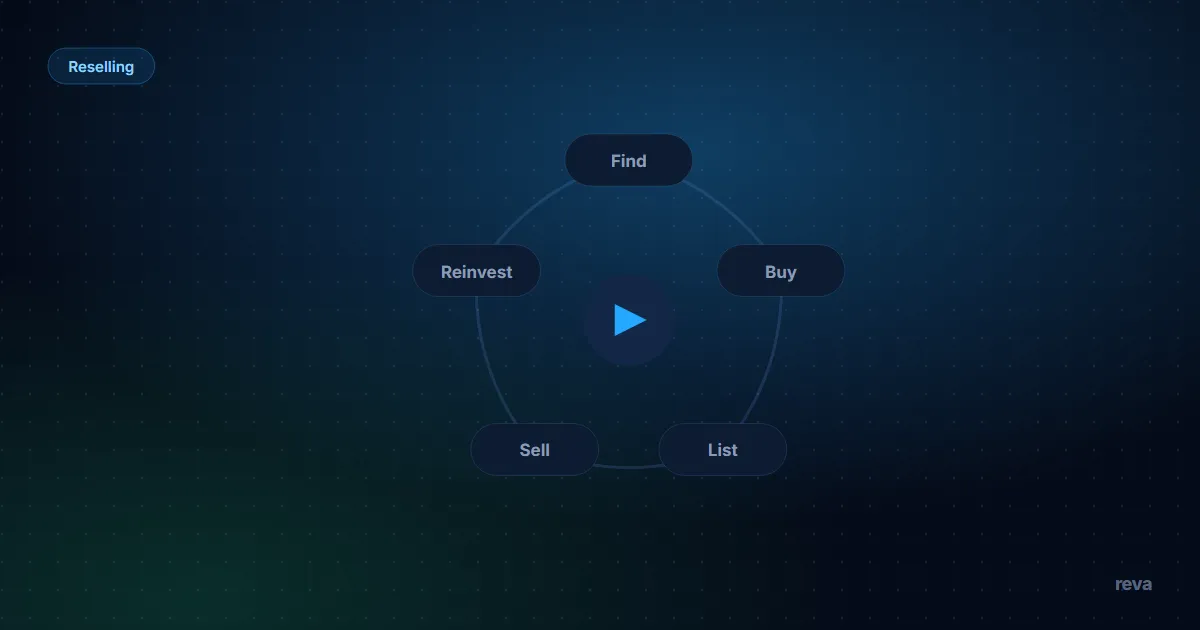 Six steps of the resale loop, from sourcing an item to getting paid, next to a table of European marketplaces