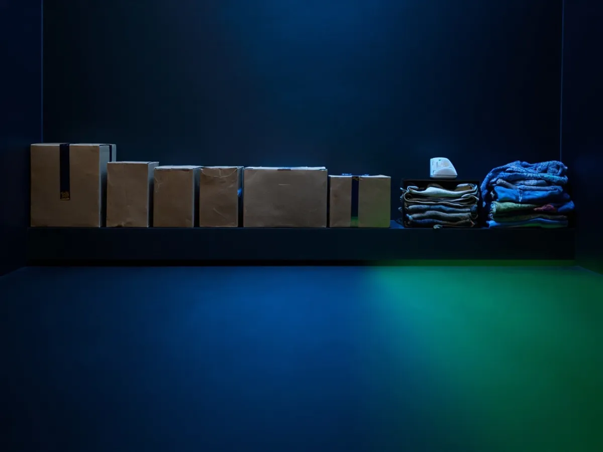 batch of packed parcels lined up on a shelf