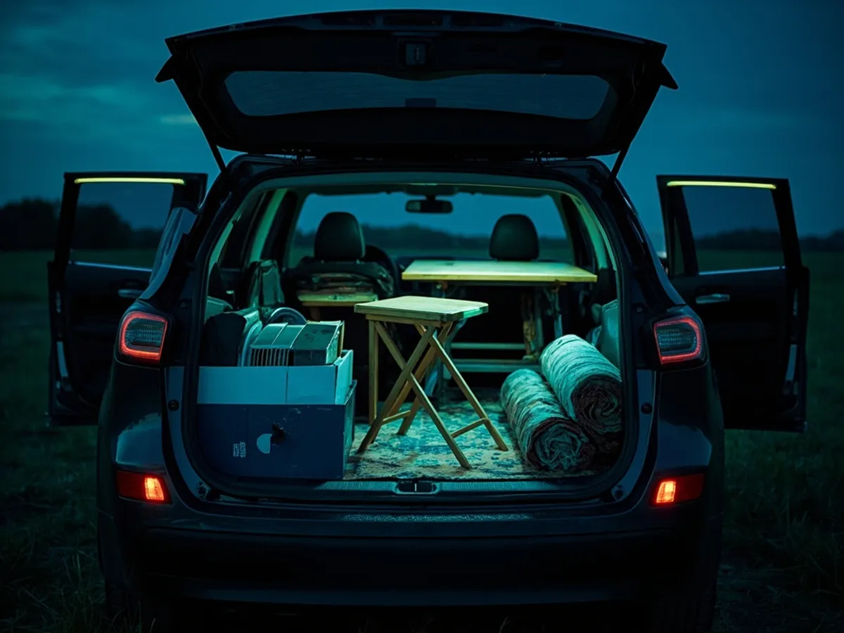 Car boot filled with second-hand goods at a countryside sale