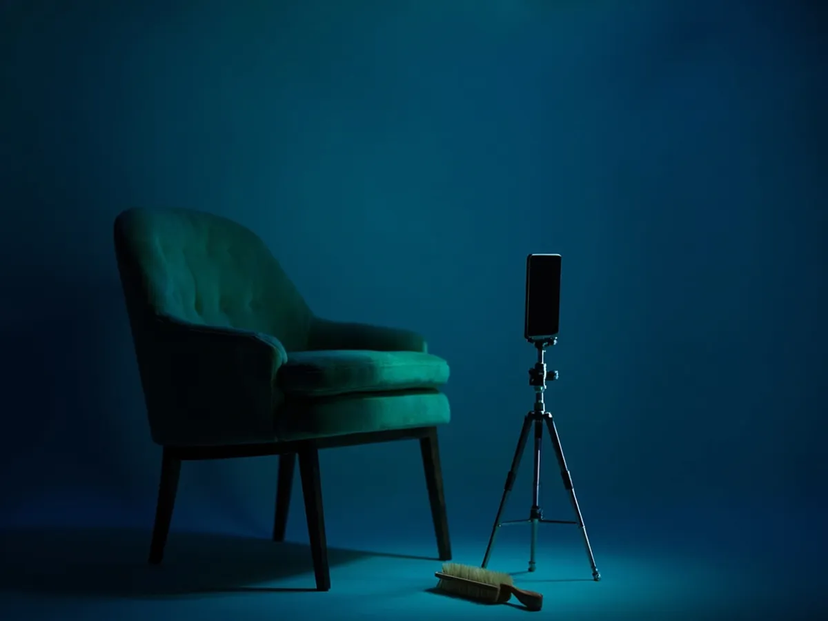 Armchair set up for listing photos with smartphone on tripod and softbox light