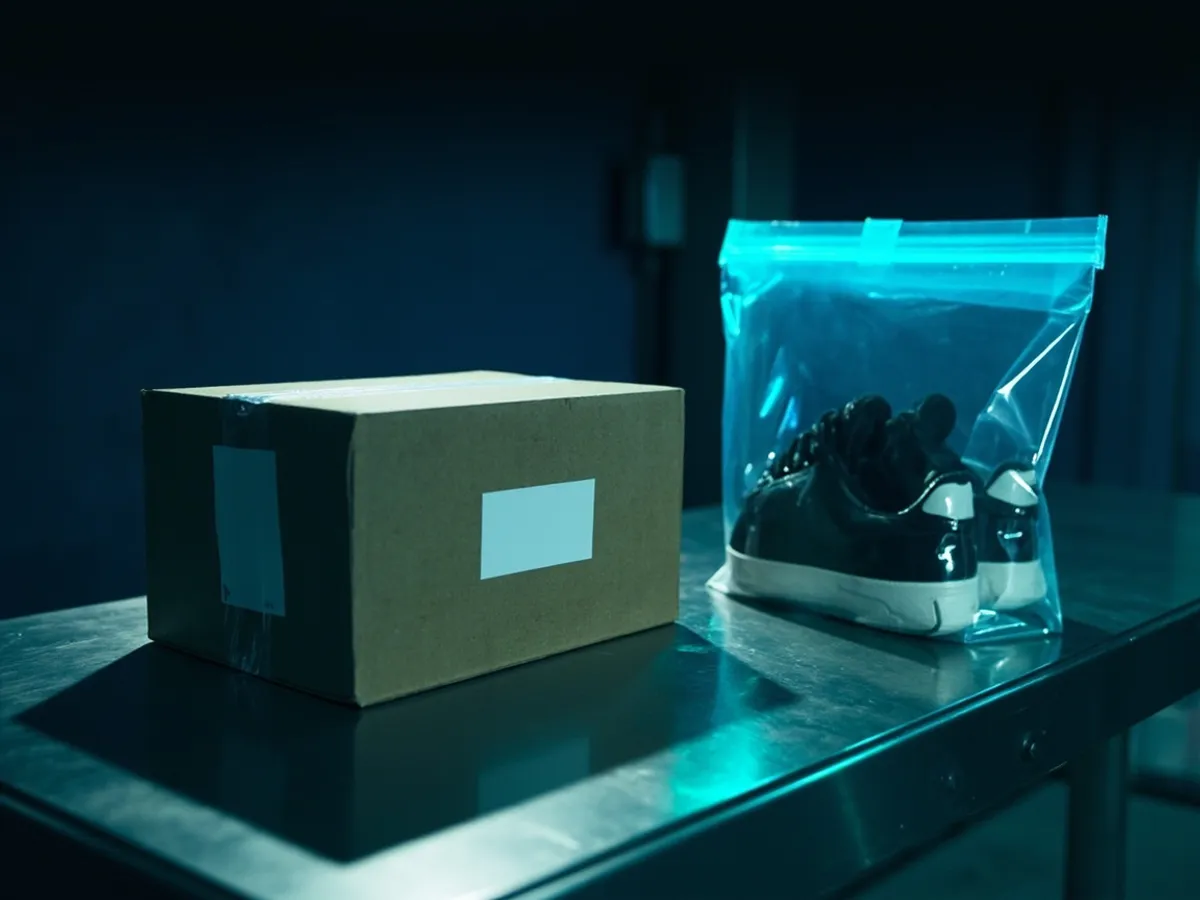 parcel and bagged sneakers on an inspection table