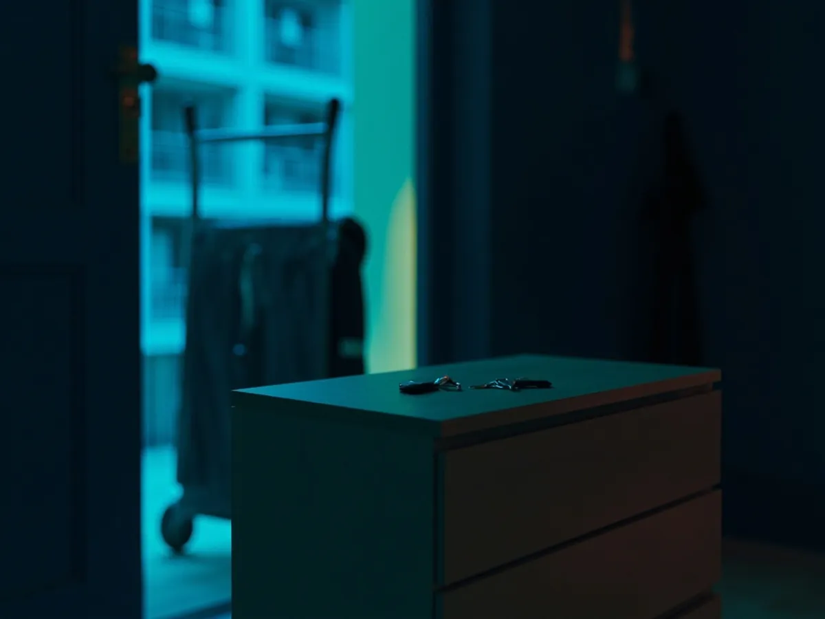 wooden dresser waiting for local pickup in apartment building entrance