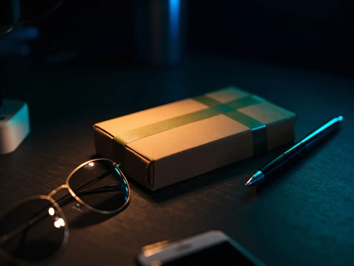A taped parcel with a pen and sunglasses on a dark wooden desk