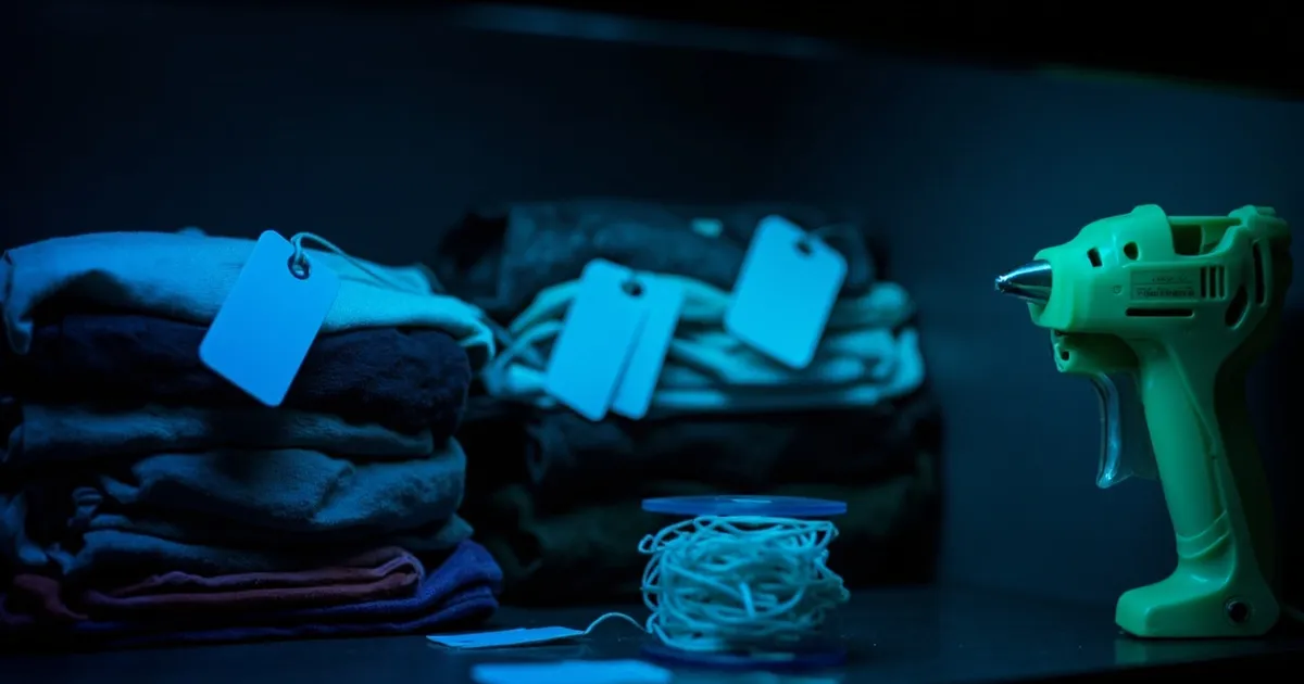 Folded second-hand clothes on a dark shelf with blank paper swing tags, a tagging gun and fasteners in front