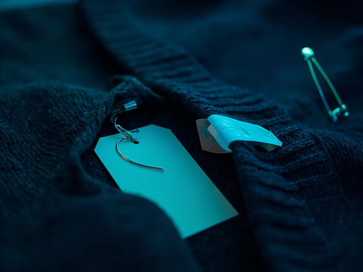 A tag fastener attached through a wool sweater's care label, with a spare blank tag and safety pin beside it