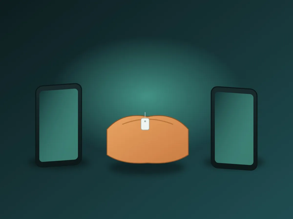 One folded garment placed between two blank phone silhouettes, standing for one item listed on two marketplaces