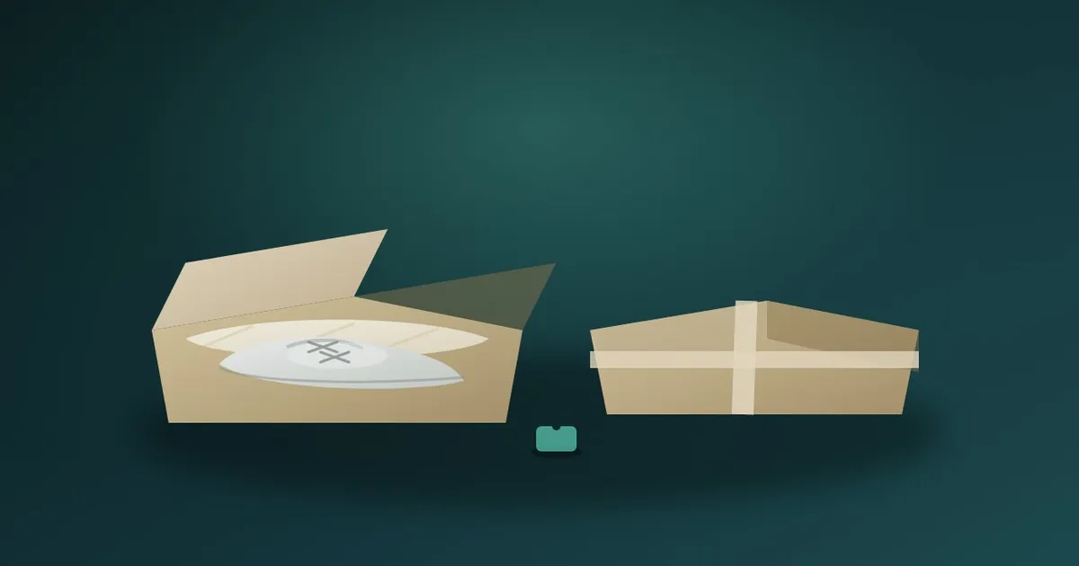 A pair of deadstock sneakers in tissue paper next to a sealed shipping box