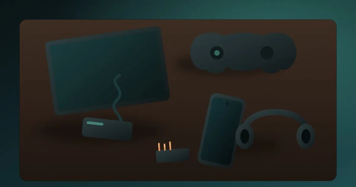 A used phone, laptop, controller and wireless headphones laid out on a dark workbench, ready for testing