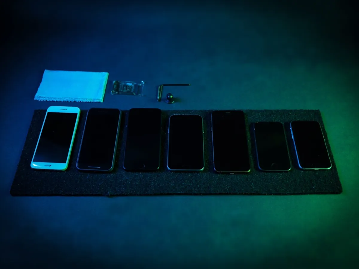 A row of five used phones lined up on a foam mat with a SIM tool, ready to be checked against a quote