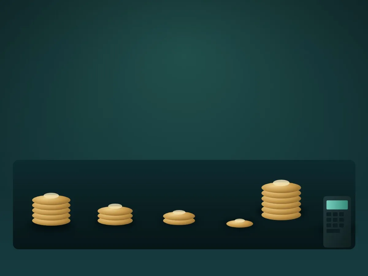 Five small coin stacks decreasing in height next to a pocket calculator, showing costs taken from a sale