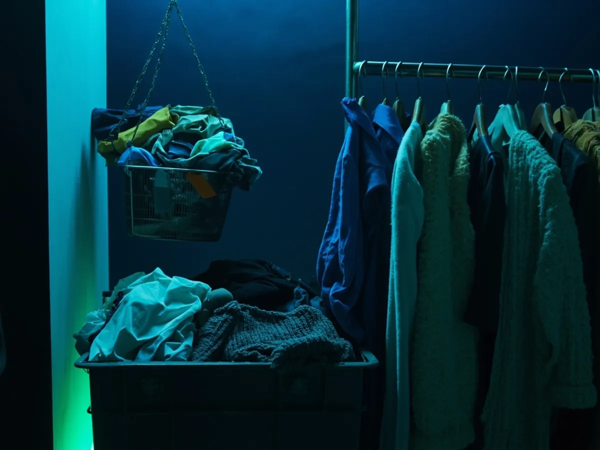 Clothes weighed on a scale in a weight-priced shop, a bin of mixed garments beside it