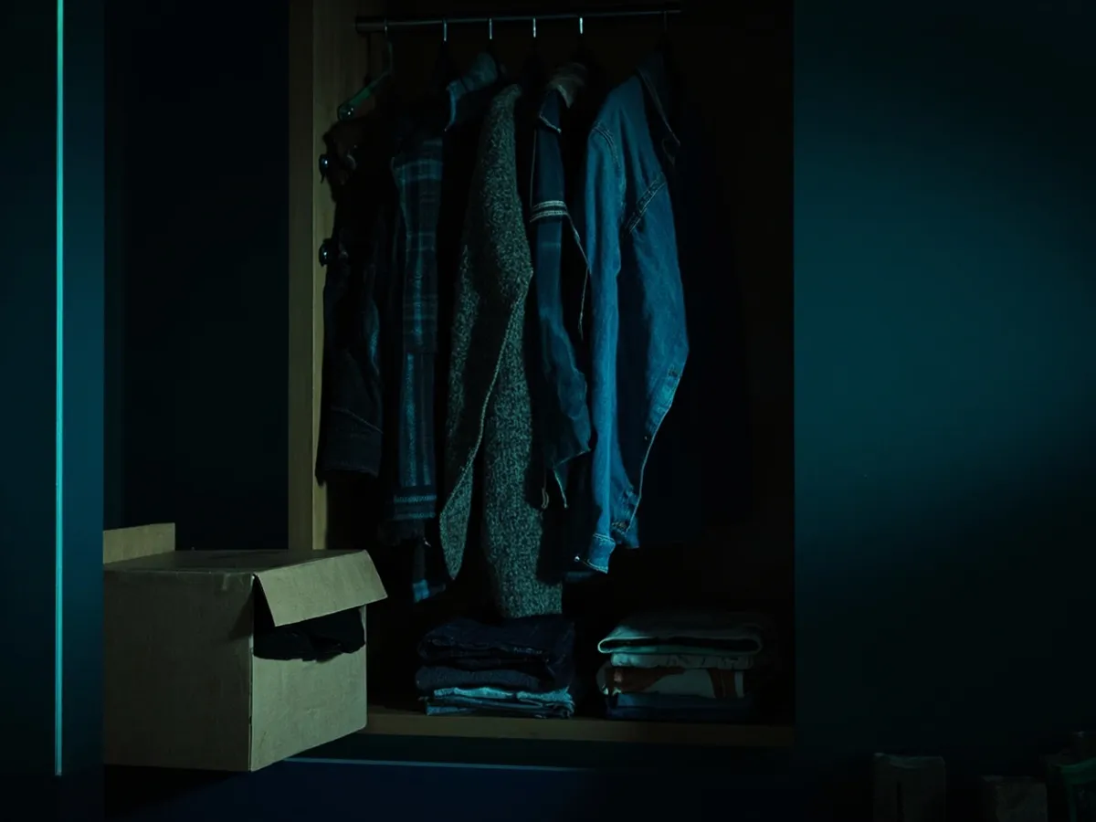 Vintage clothes in an open family wardrobe being sorted into a box
