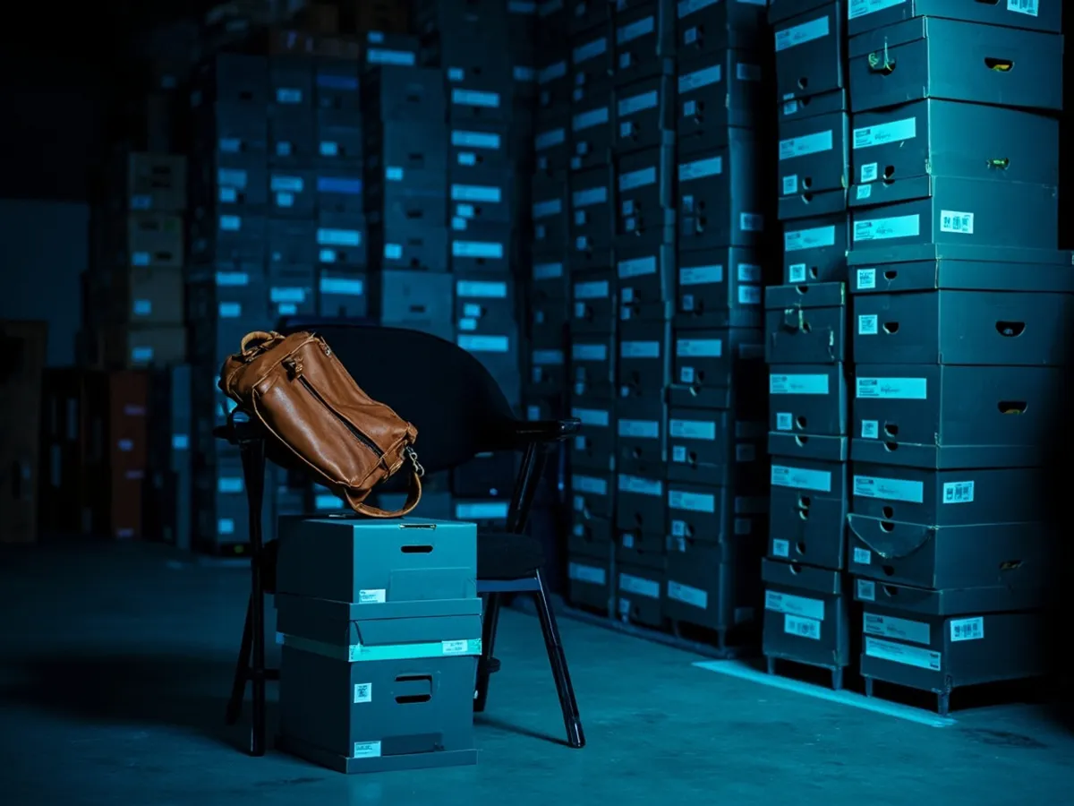 Stacked boxes of identical sneaker stock next to one personal leather bag on a chair