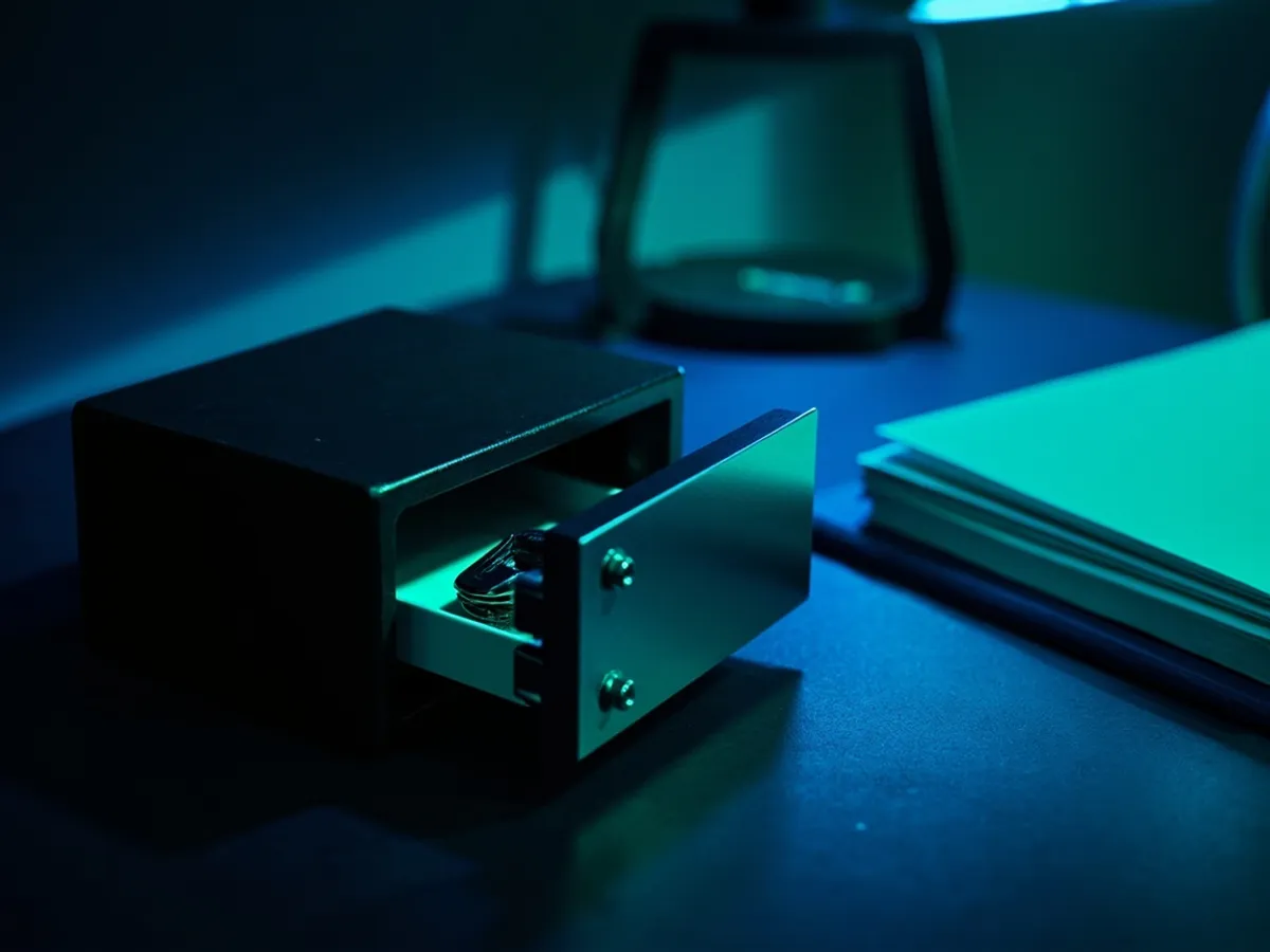 An open key safe holding a hardware security key and a house key on a dark desk