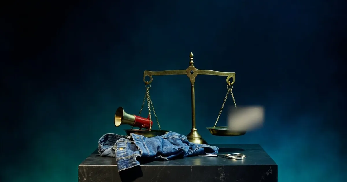Balance scales with a megaphone on one pan and a price tag on the other, a denim jacket in front