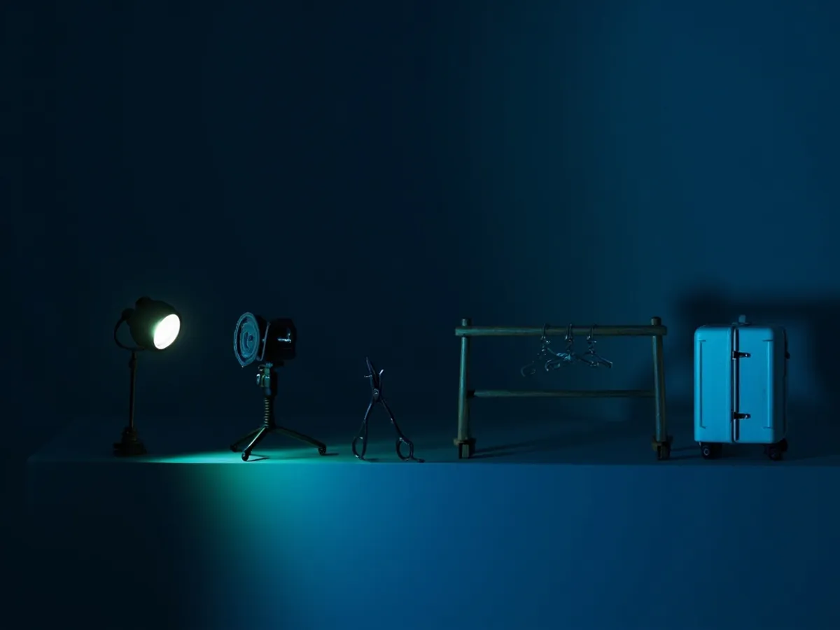 Four objects side by side: spotlight, hanging rail, scissors and a suitcase representing different Vinted promotion tools