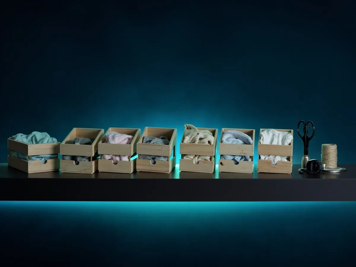 Five small crates holding one to five folded items each, with scissors and twine nearby