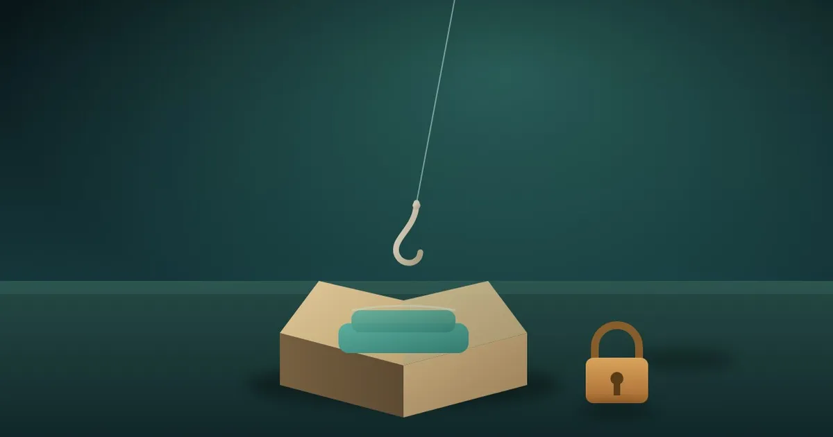 A fishing hook dangling on a line over an open parcel holding a folded jacket, with a padlock on the table beside it