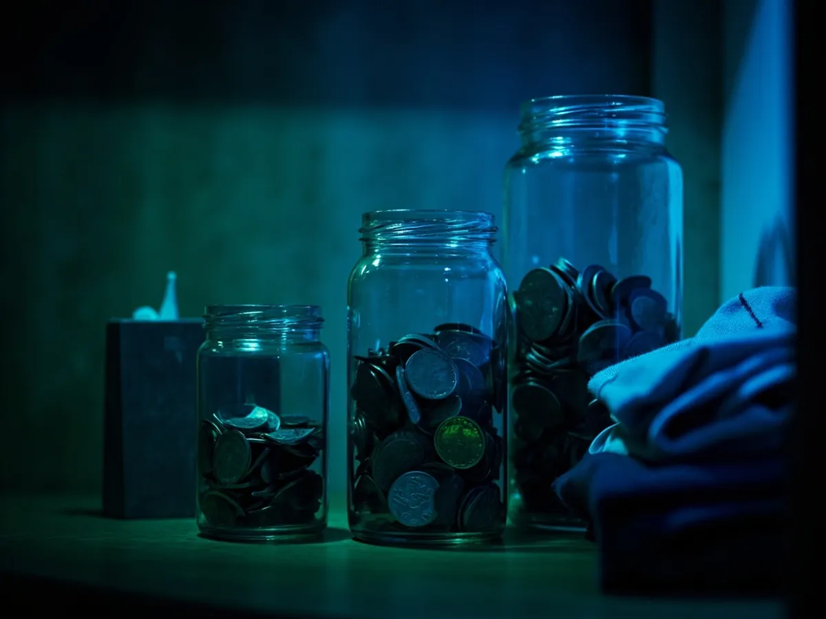 Three coin-filled glass jars of increasing size next to a folded t-shirt