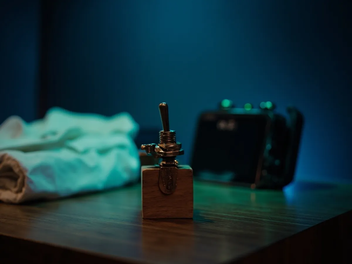 A toggle switch in the off position next to a folded shirt and a travel clock