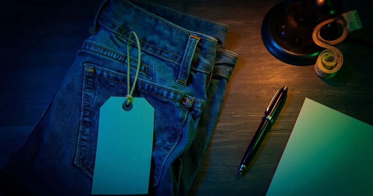 A folded pair of jeans with a blank luggage tag, a pen and a blank index card laid out on a desk