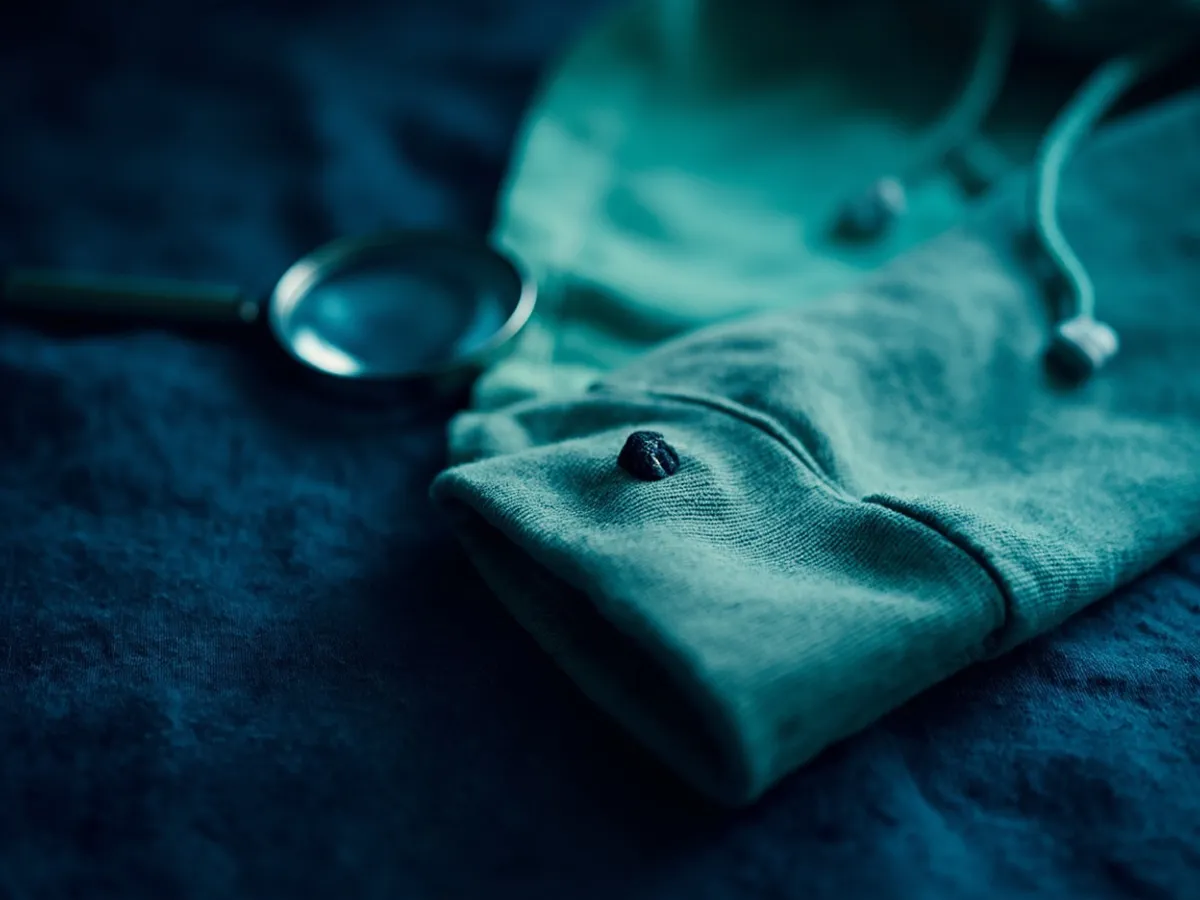 Close-up of a small bobbled patch and loose thread on a hoodie cuff, with a magnifying glass