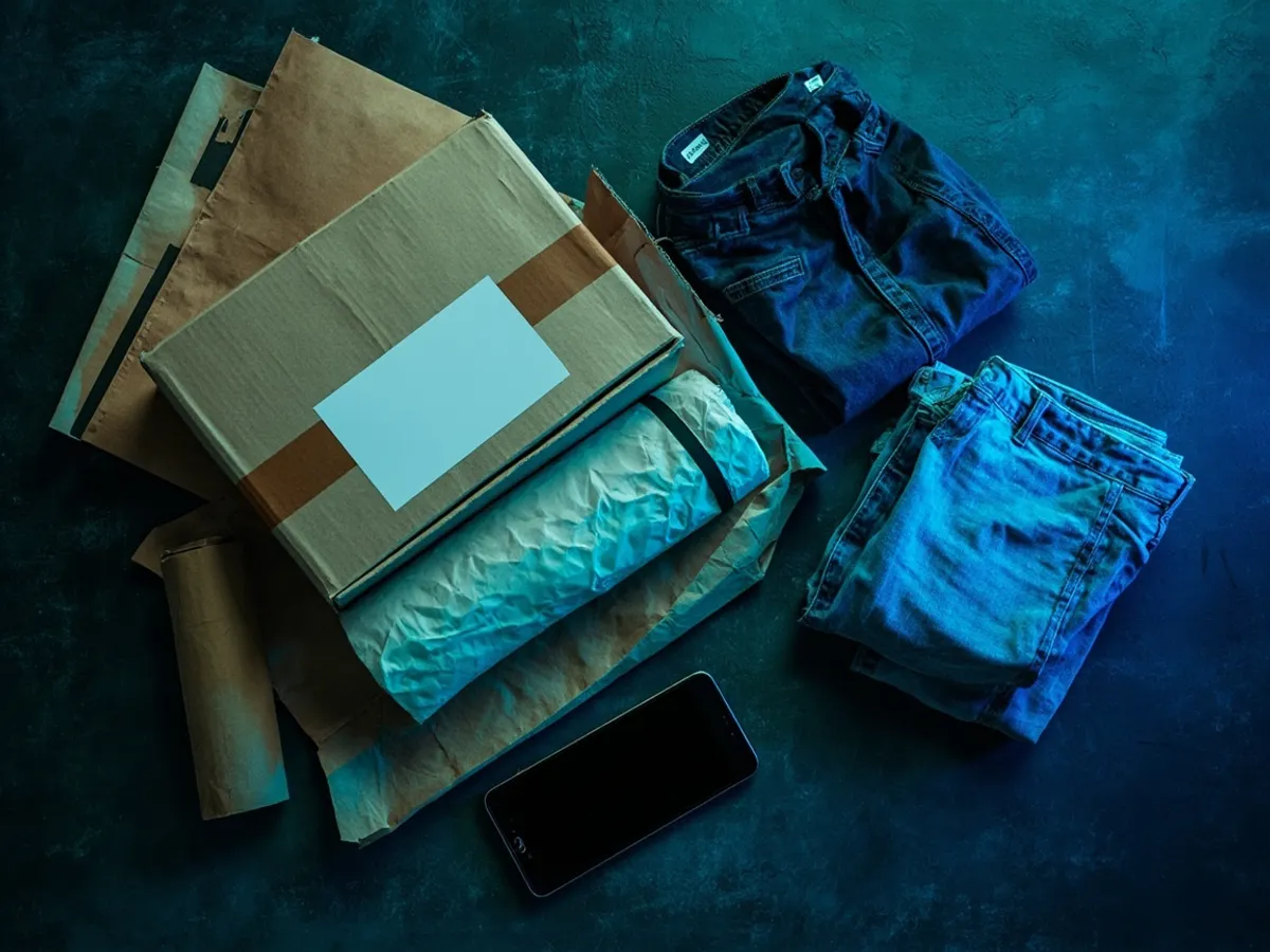 Packing materials laid out next to a folded pair of jeans