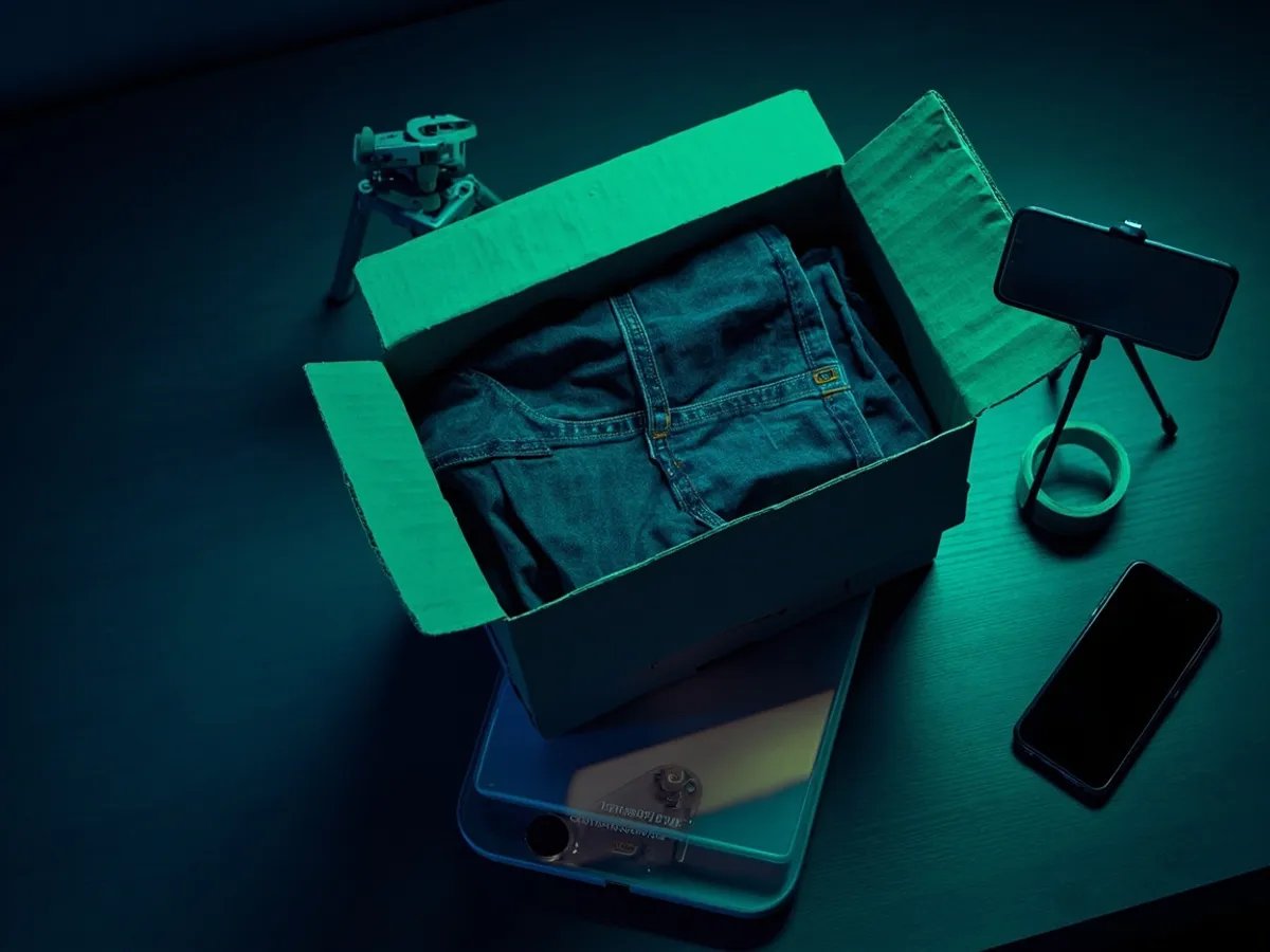 An open cardboard box with neatly folded jeans inside, sitting on a kitchen scale on a dark wooden desk with tape and a smartphone on a tripod