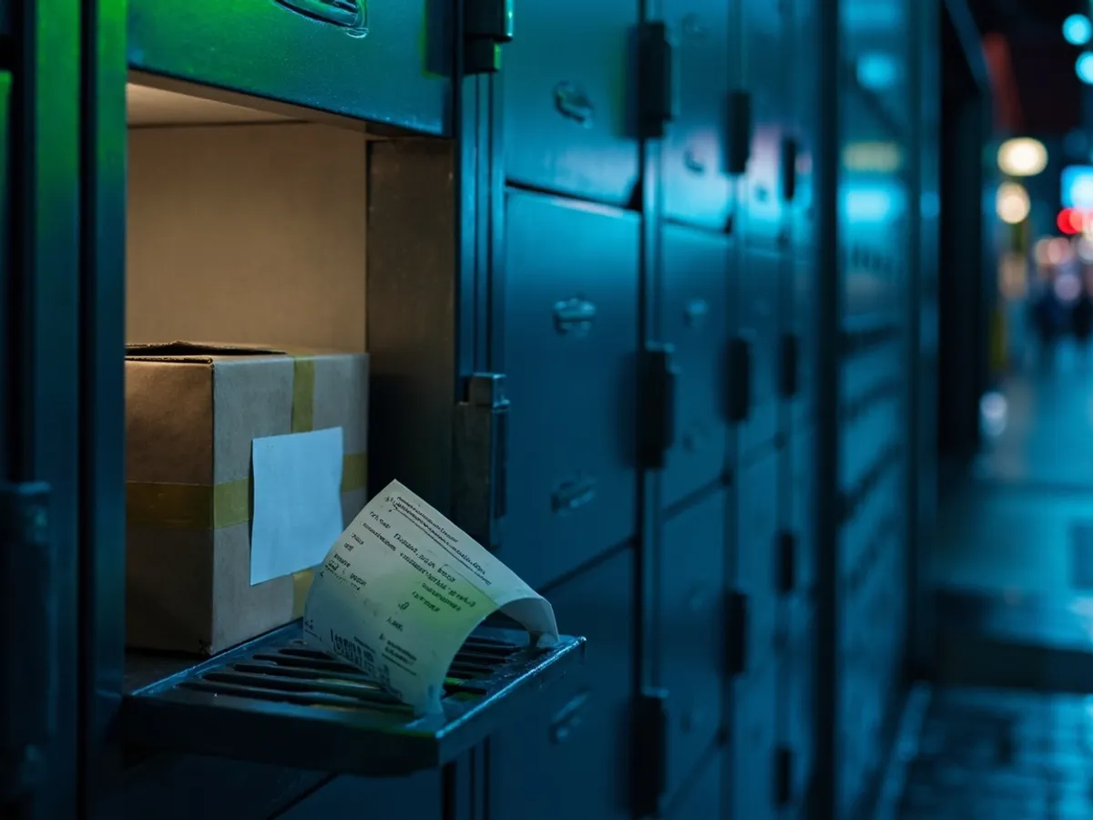 A row of parcel locker doors at dusk, one door open with a small taped parcel inside and a receipt on the ledge