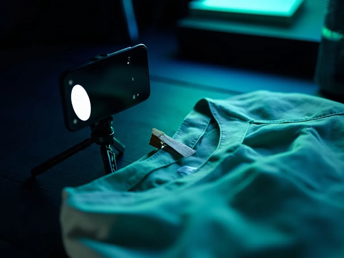 A smartphone on a tripod photographing a size tag inside a folded blouse collar, with a ring light casting soft light
