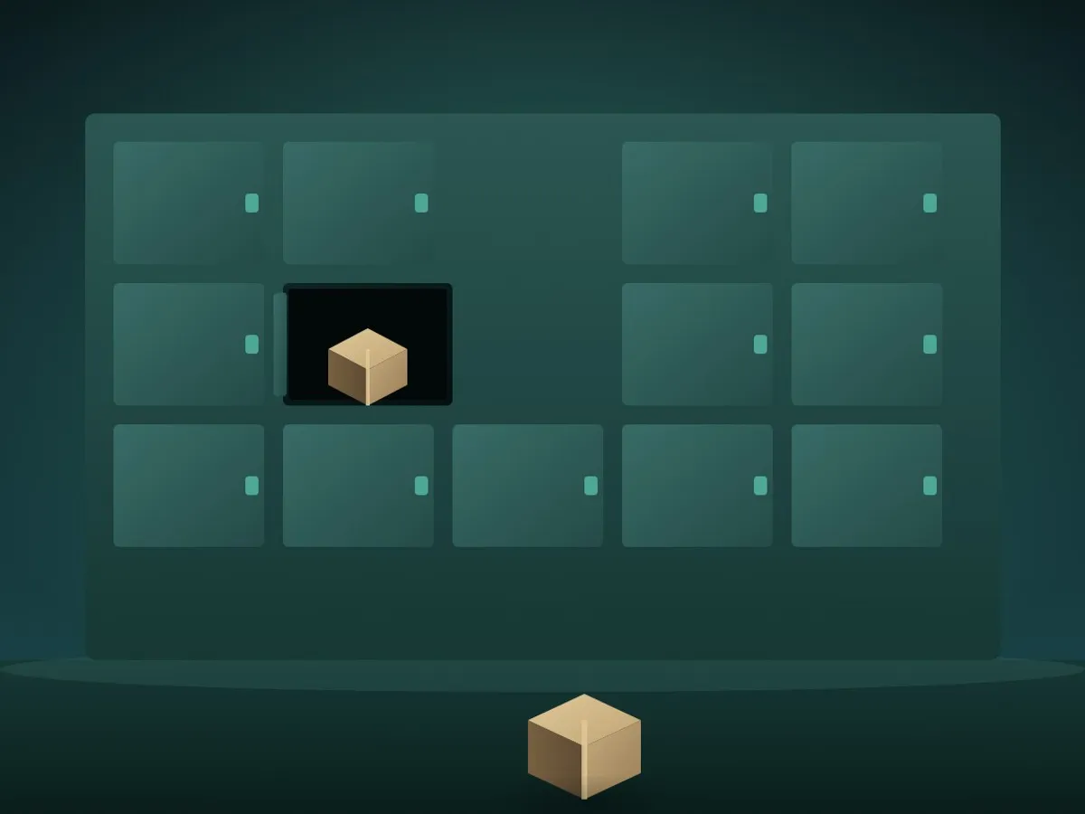 A parcel locker wall with one open compartment holding a small parcel, another parcel waiting on the ground