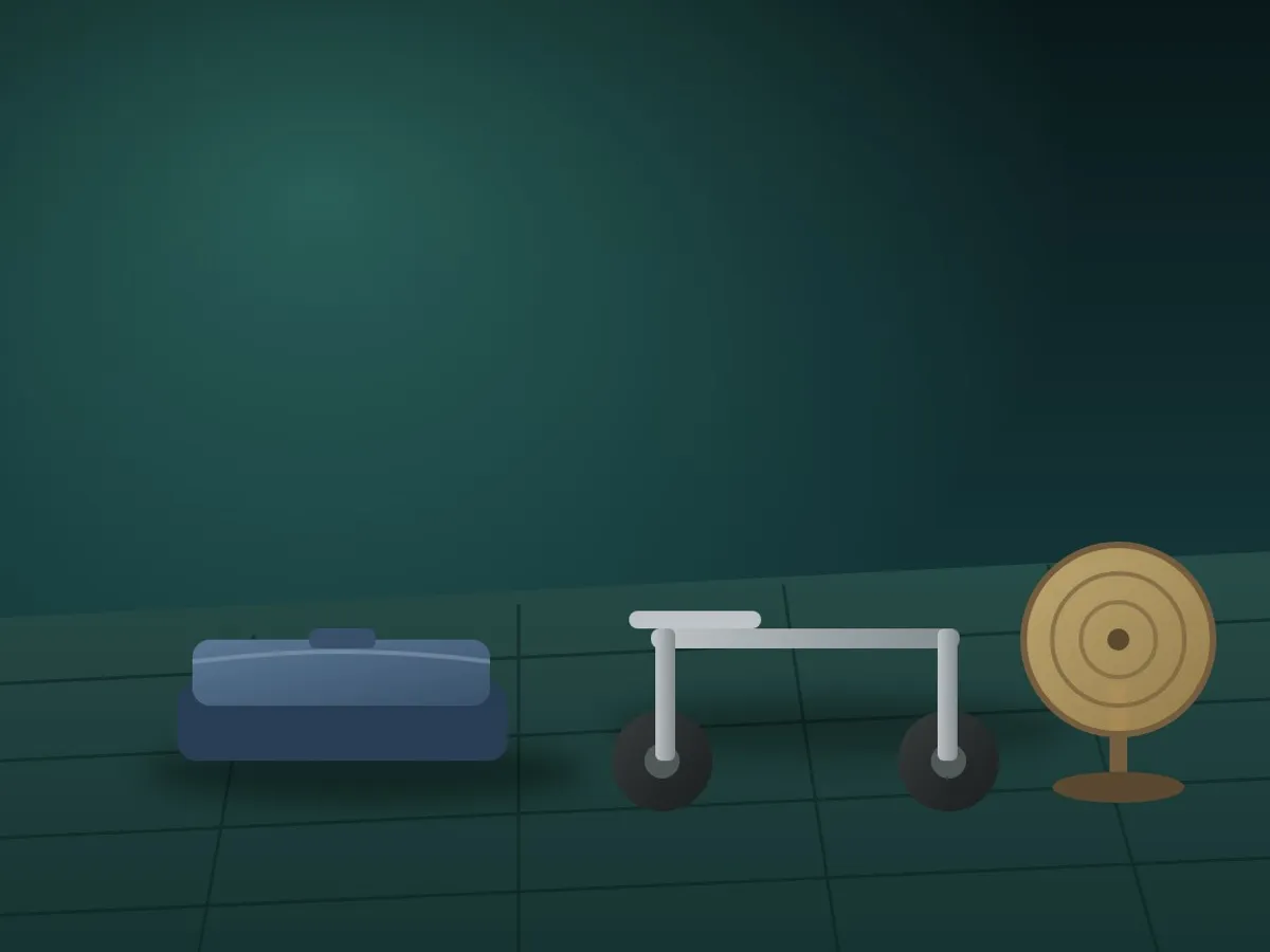 A folded denim jacket next to a folded electric scooter and a vintage table fan on a tiled floor