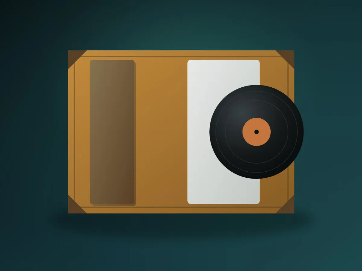 A flat cardboard record mailer with corner protectors, a record in its inner sleeve, and stiffener boards