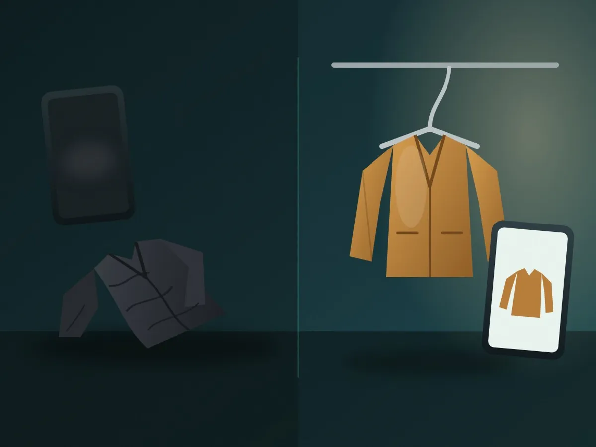 Two phones on a table, one facing a crumpled jacket in dim light, the other a neatly hung jacket in daylight